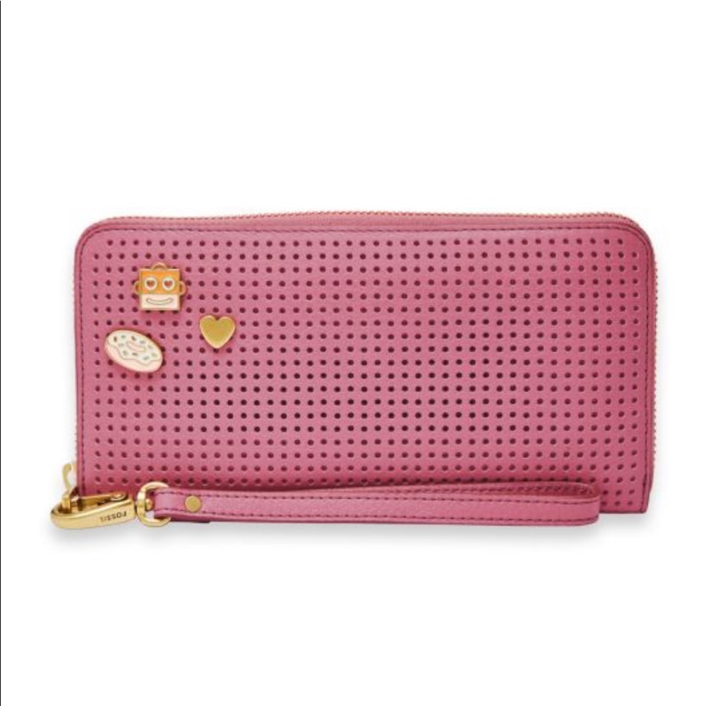 Pink Fossil Emma RFID Large Zip Clutch/Long Wallet